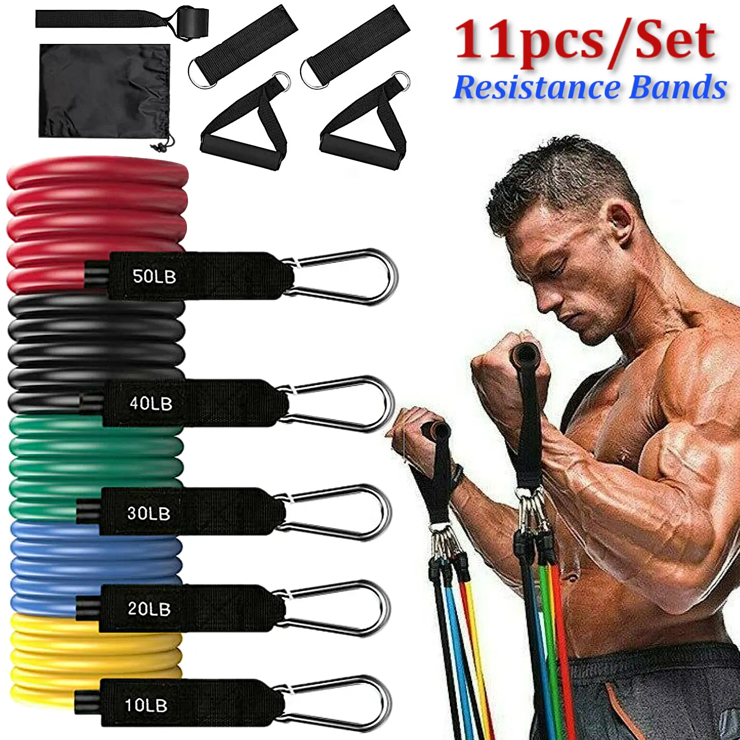 11 PCS Resistance Bands Set Home Gym Exercise Tube Bands Training - Total Resistance 150 Lbs