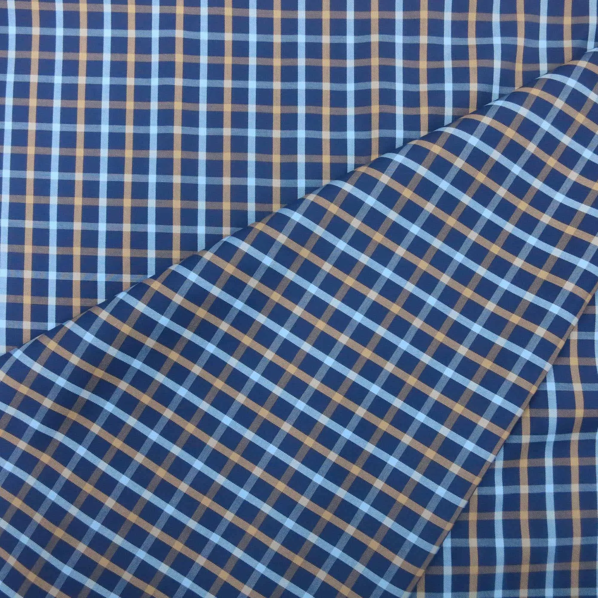 Blue and Taupe Square Pattern 100% Fine Cotton Fabric