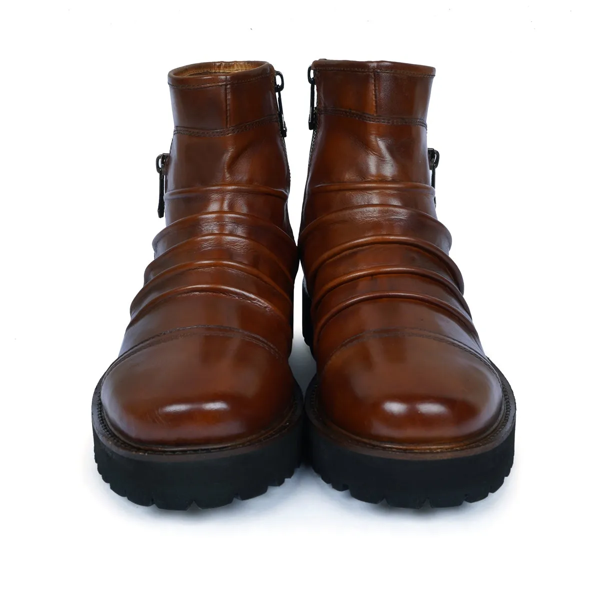 Cognac Leather Pleated Lightweight Chunky Biker Boots by Brune & Bareskin