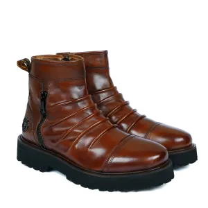 Cognac Leather Pleated Lightweight Chunky Biker Boots by Brune & Bareskin