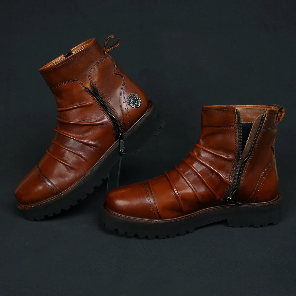 Cognac Leather Pleated Lightweight Chunky Biker Boots by Brune & Bareskin