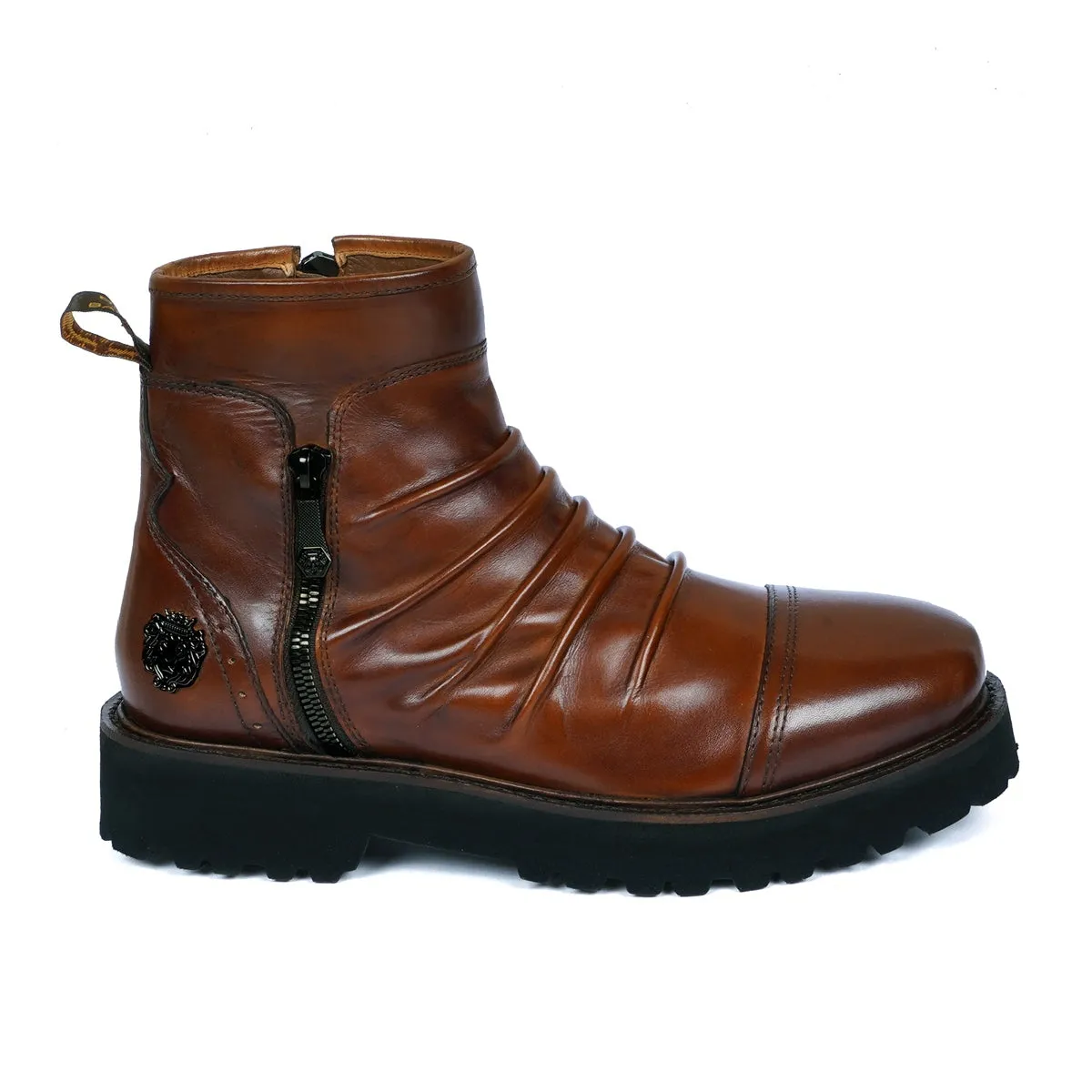 Cognac Leather Pleated Lightweight Chunky Biker Boots by Brune & Bareskin