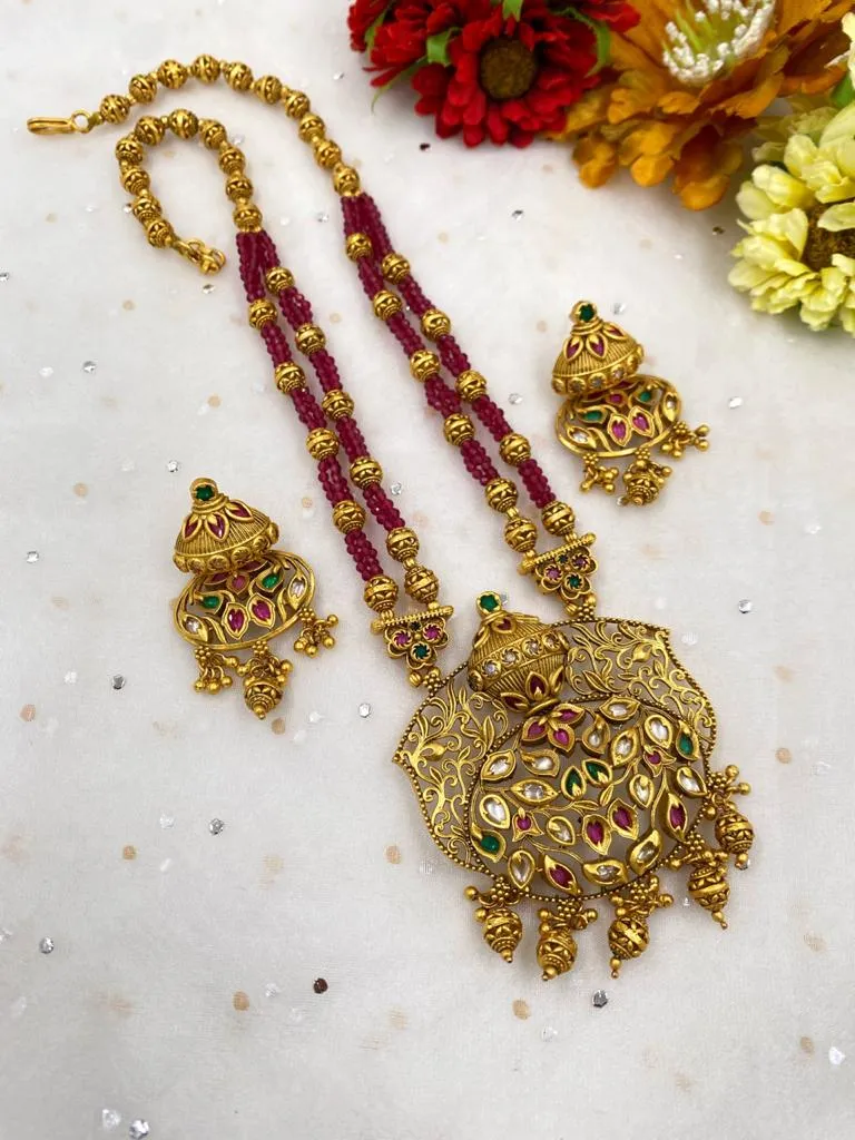 Designer Gold Plated Antique Necklace Set For Weddings By Gehna Shop