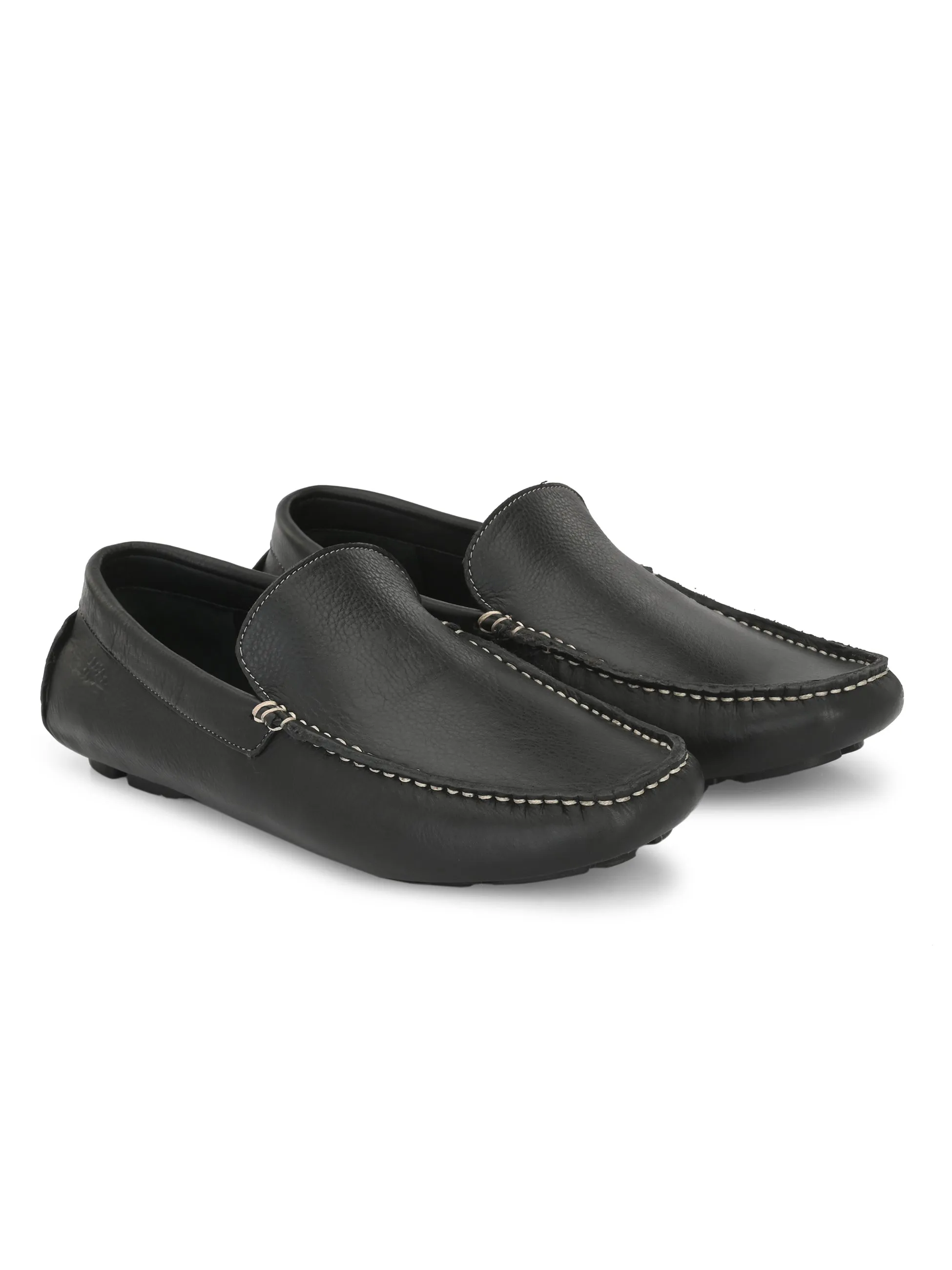 Hitz Men's Black Leather Slip On Loafer Shoes