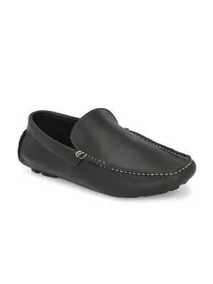 Hitz Men's Black Leather Slip On Loafer Shoes