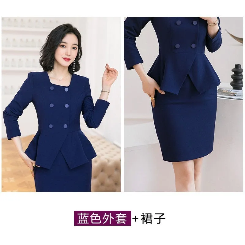 Long-sleeved Knee Length Midi Skirt Suit Jacket Office Lady Suit Set Asymmetrical Slimming Jacket Business Suit For Women Skirt