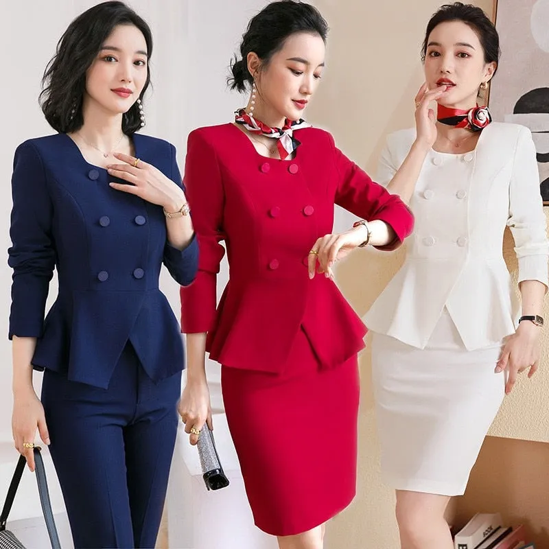 Long-sleeved Knee Length Midi Skirt Suit Jacket Office Lady Suit Set Asymmetrical Slimming Jacket Business Suit For Women Skirt