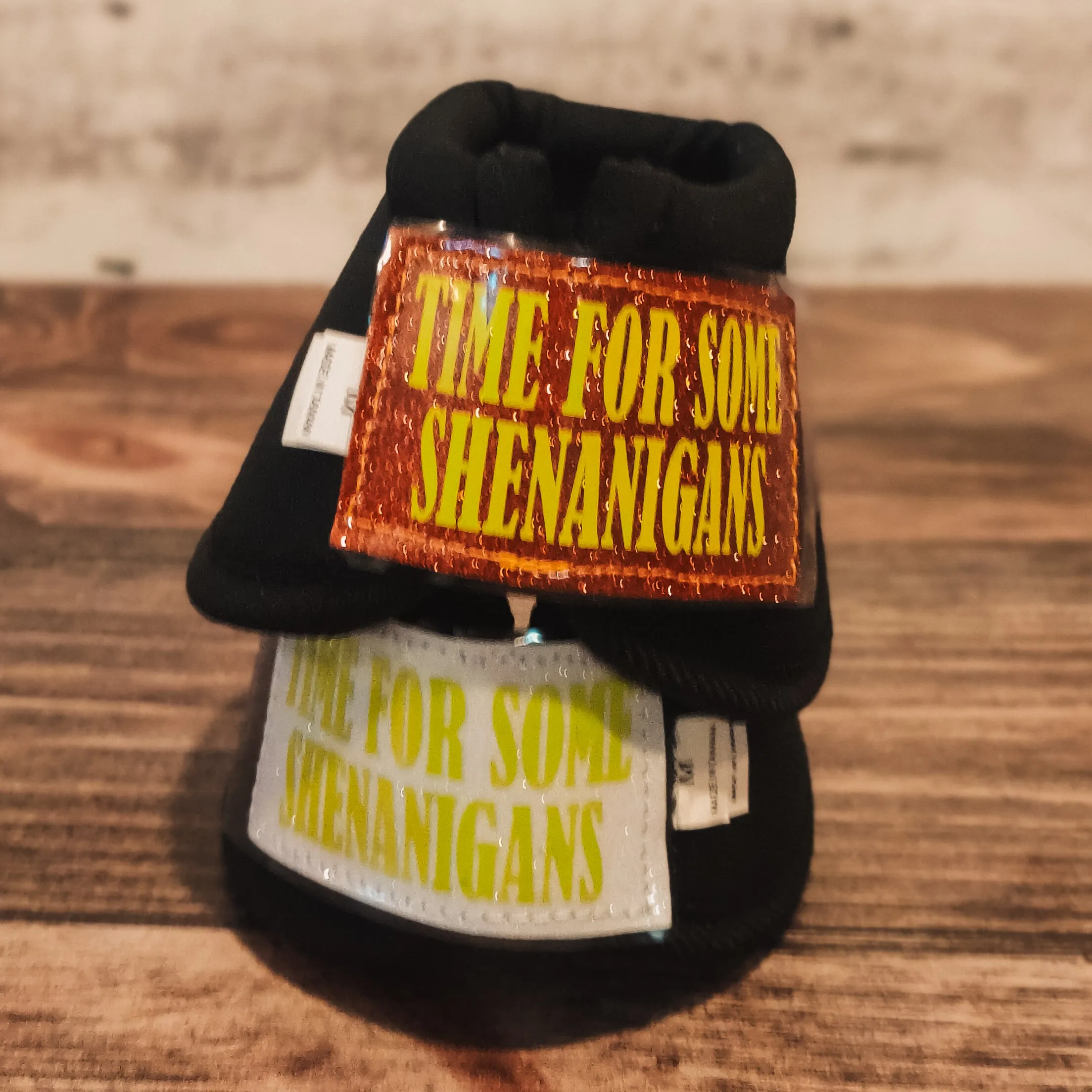 Medium "Time for Shenanigans" Black Iconoclast Bells w/ White/Orange Glitter