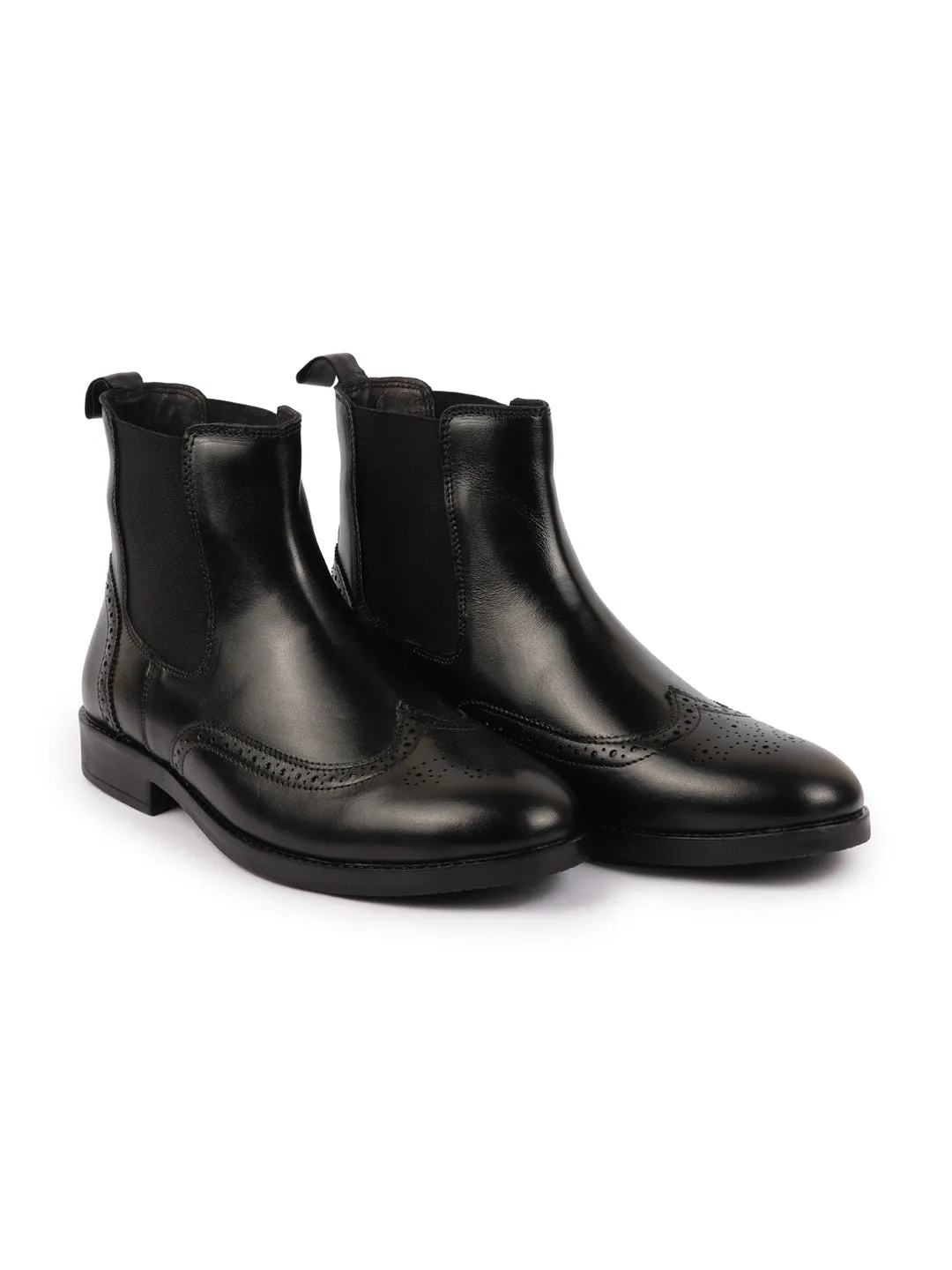 Men Black Genuine Leather Brogue High Ankle Slip On Chelsea Boots|Tuxedo Shoes