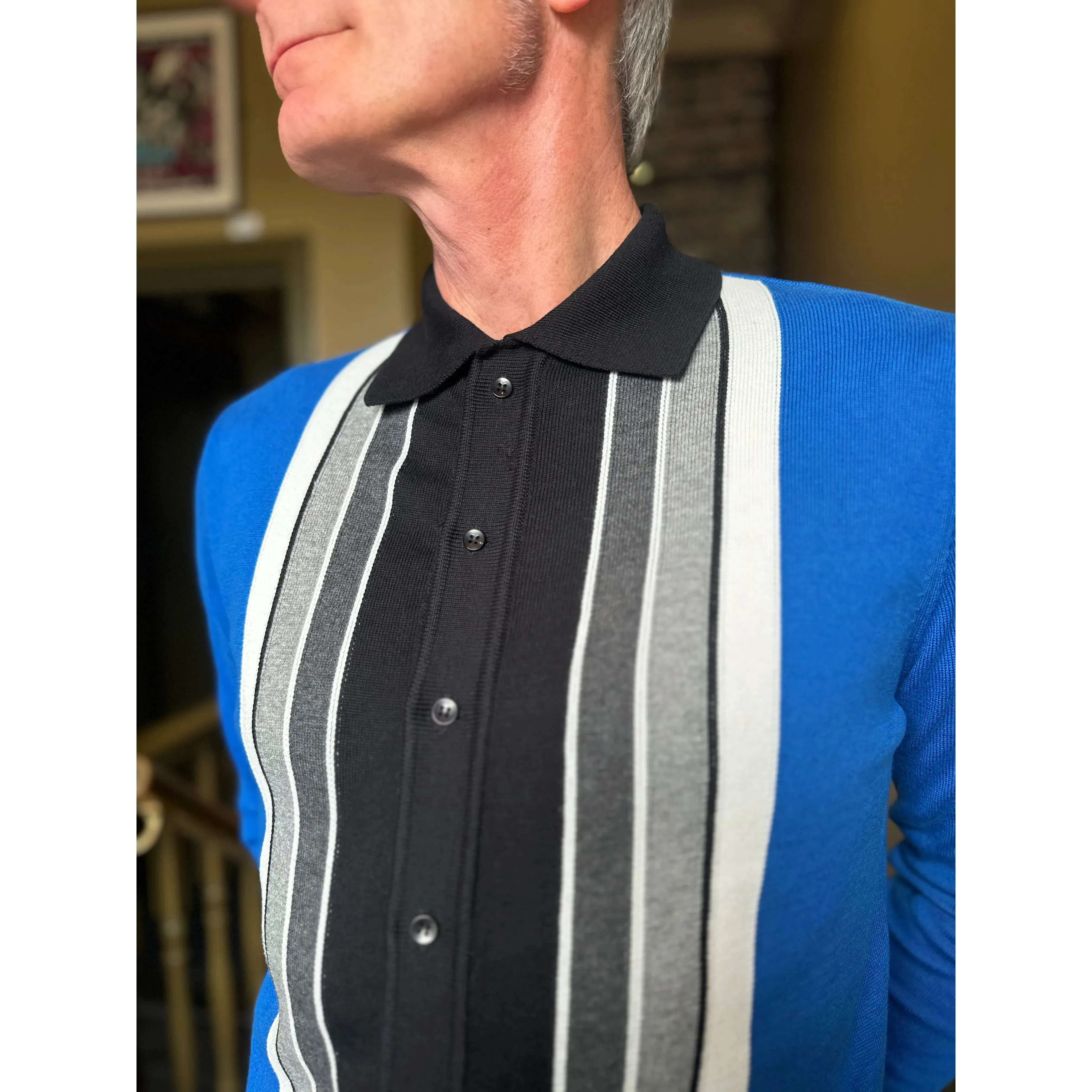 Mr Bridger - Curtis Graduated Stripe ‘The Royal Blue’ Long Sleeve Button Through MB1116 - Polo Knit