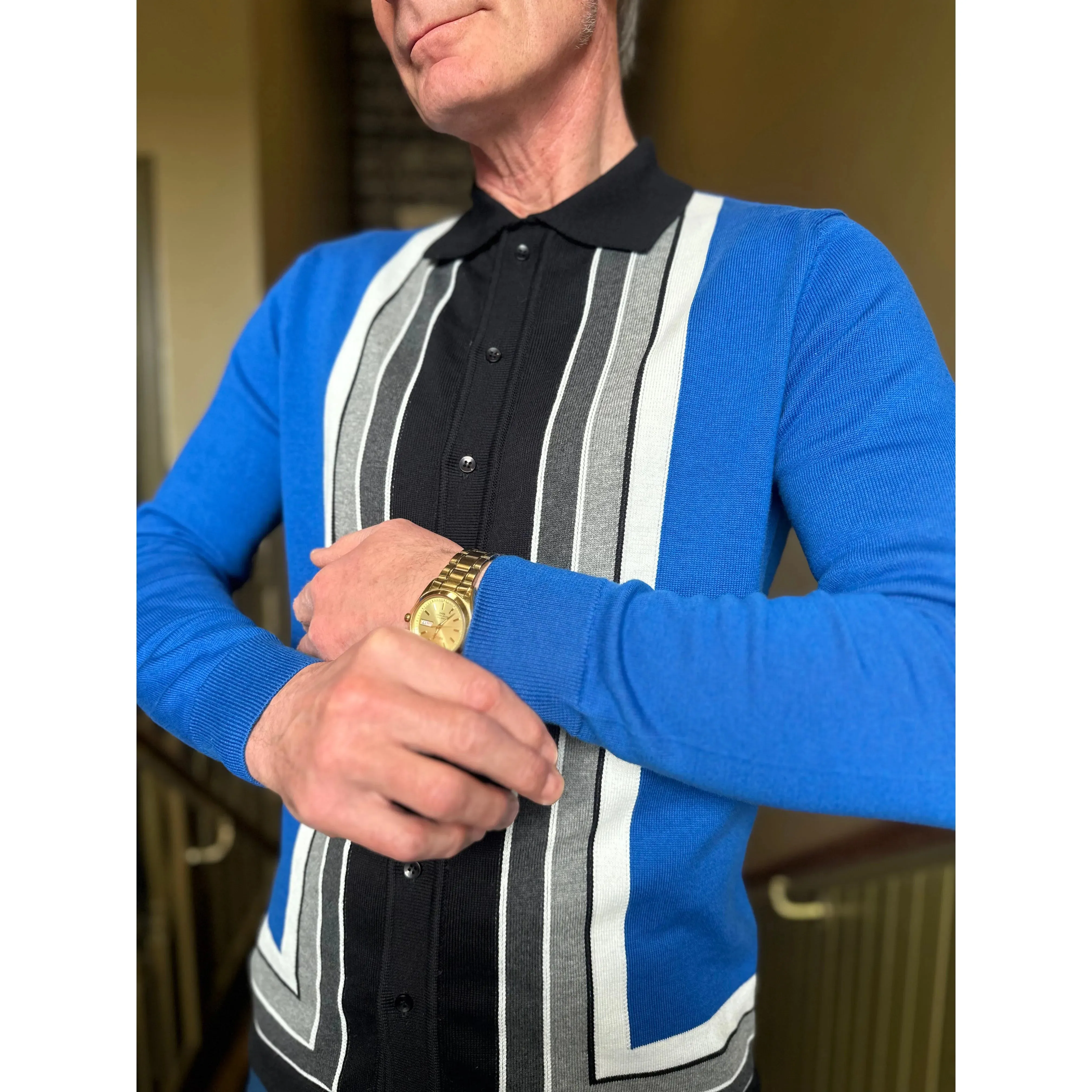 Mr Bridger - Curtis Graduated Stripe ‘The Royal Blue’ Long Sleeve Button Through MB1116 - Polo Knit