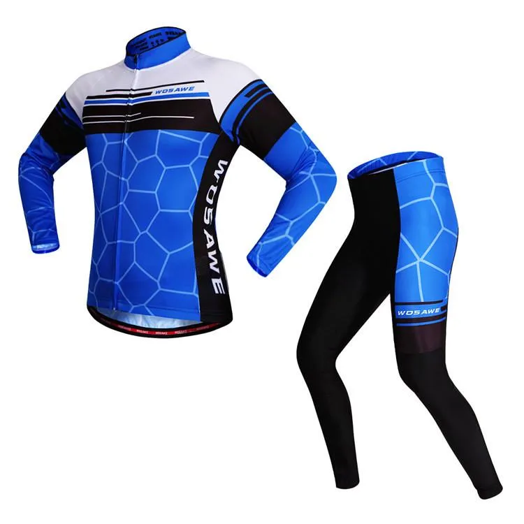 WOSAWE Blue White Long Sleeve Cycling Jersey Set